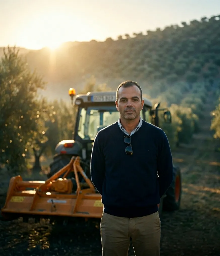 Felipe Gómez en el campo de Antequera con maquinaria agrícola al fondo